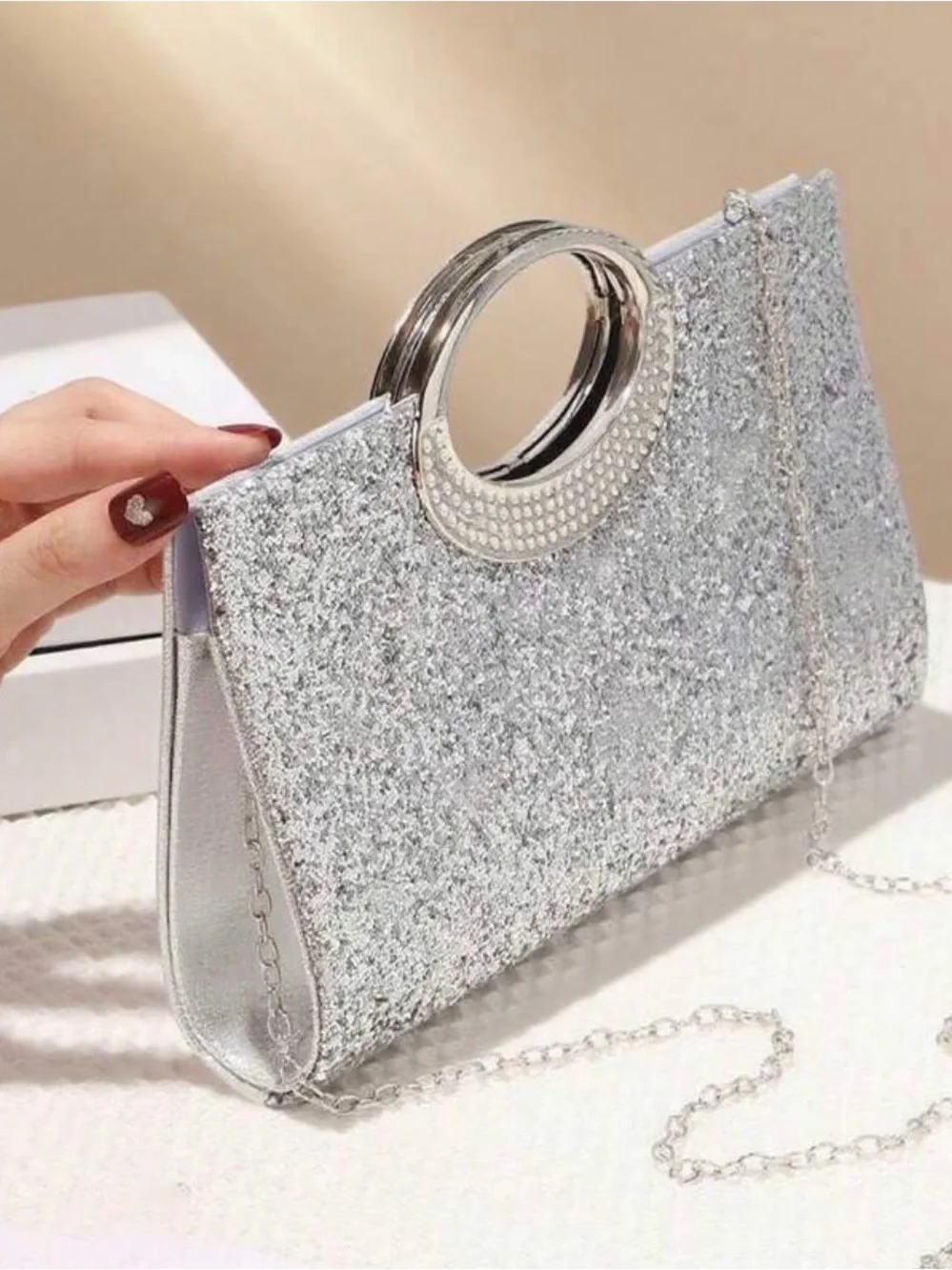 Silver Glitter Evening Clutch with Decorative Handle